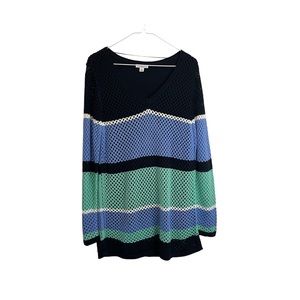 Croft & Barrow Open Knit Teal Blue Striped Long Sleeve Beach Sweater Top Size L